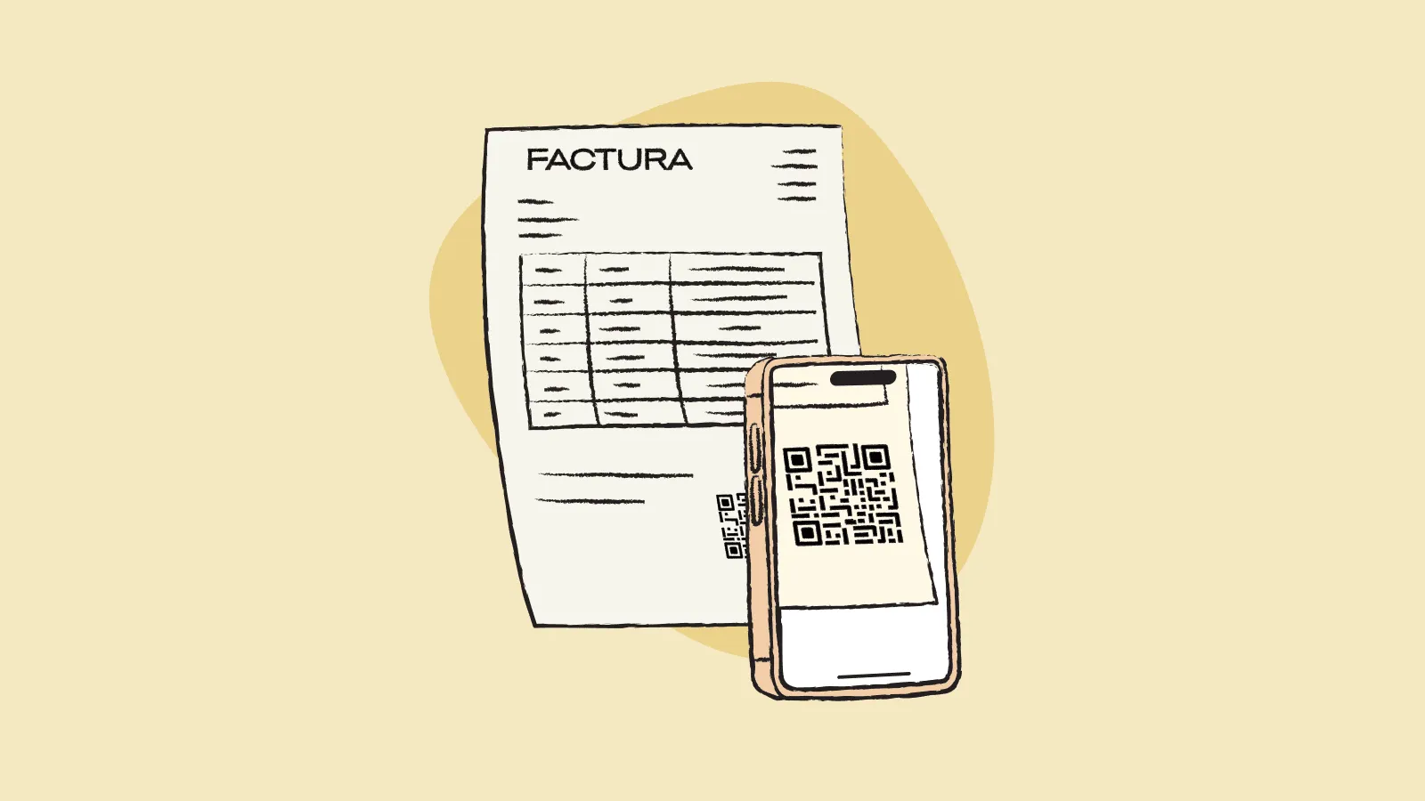 A phone scanning a QR code on an invoice