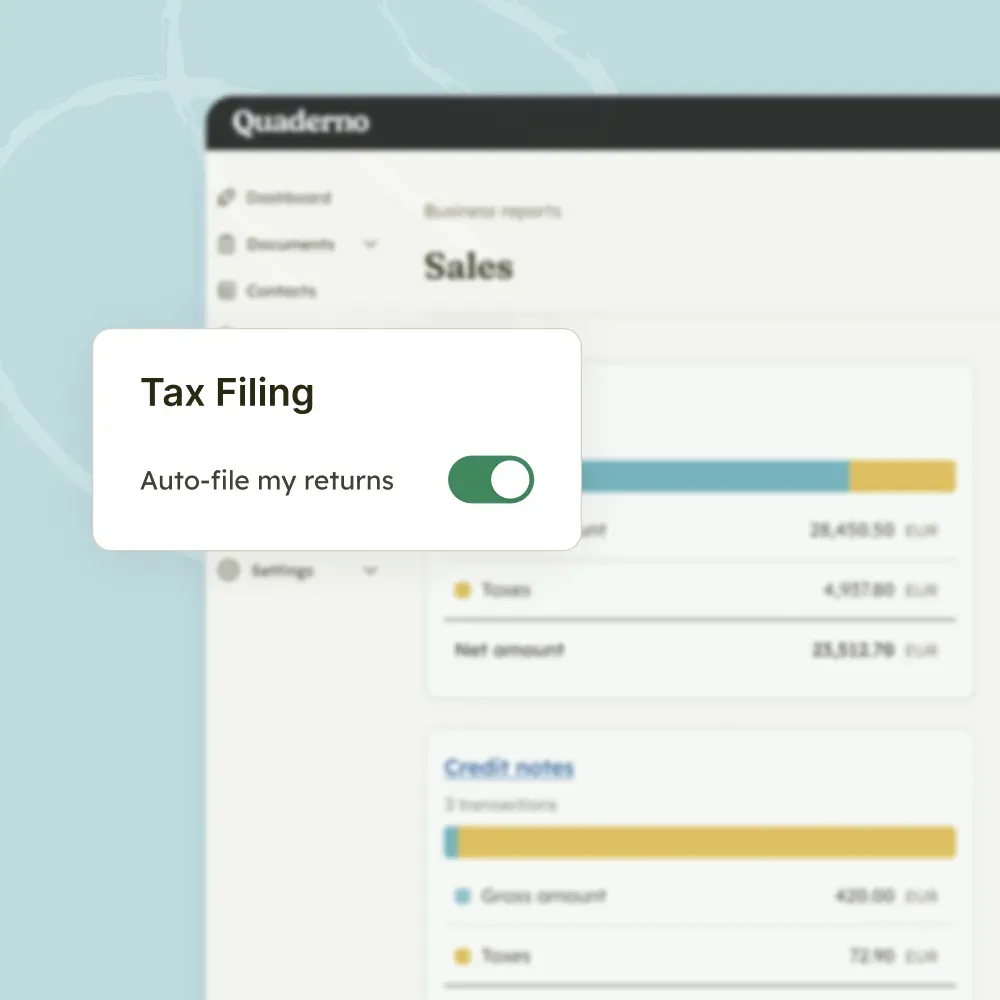 Quaderno interface with a toggle switch for automated tax filing and auto-filing returns.