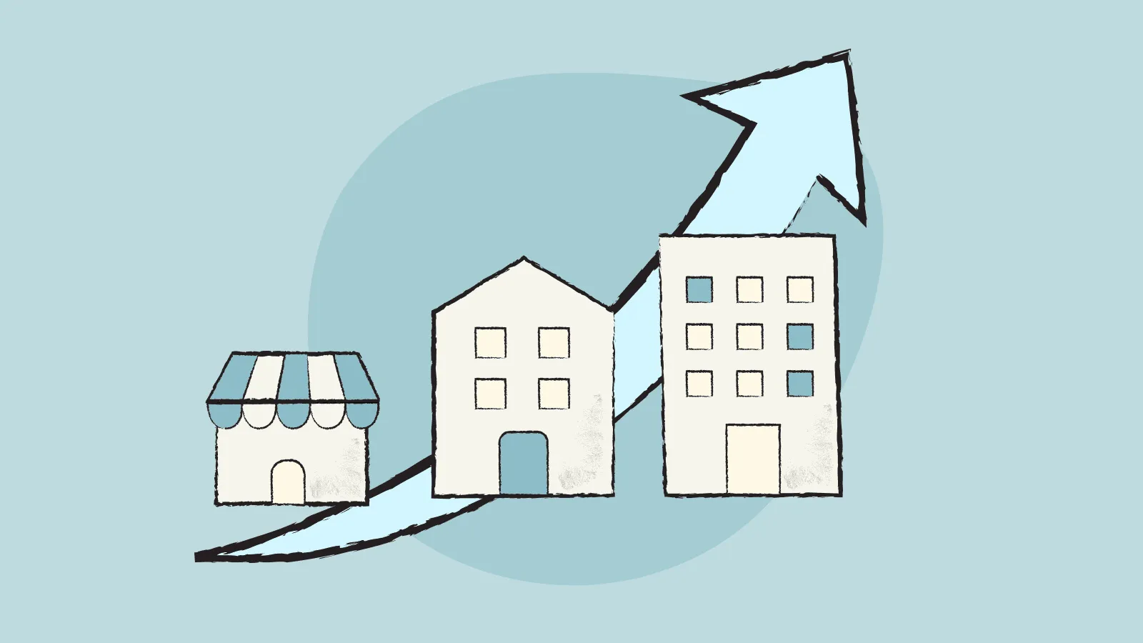 Three houses with an ascending arrow