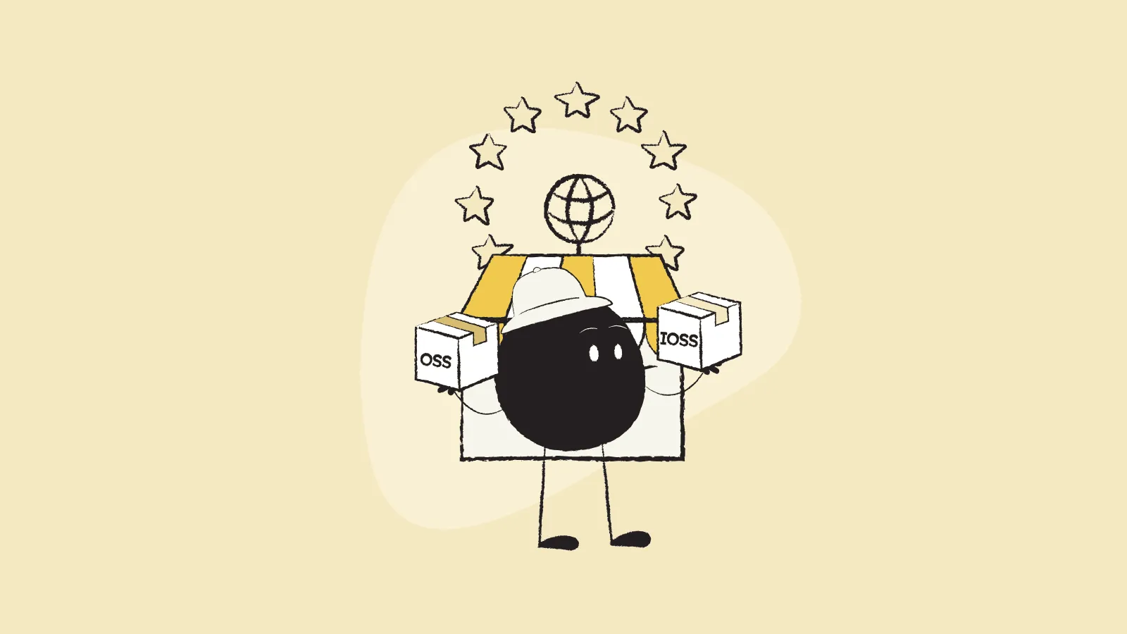 Illustration of Qoodle holding two boxes in front of a European store