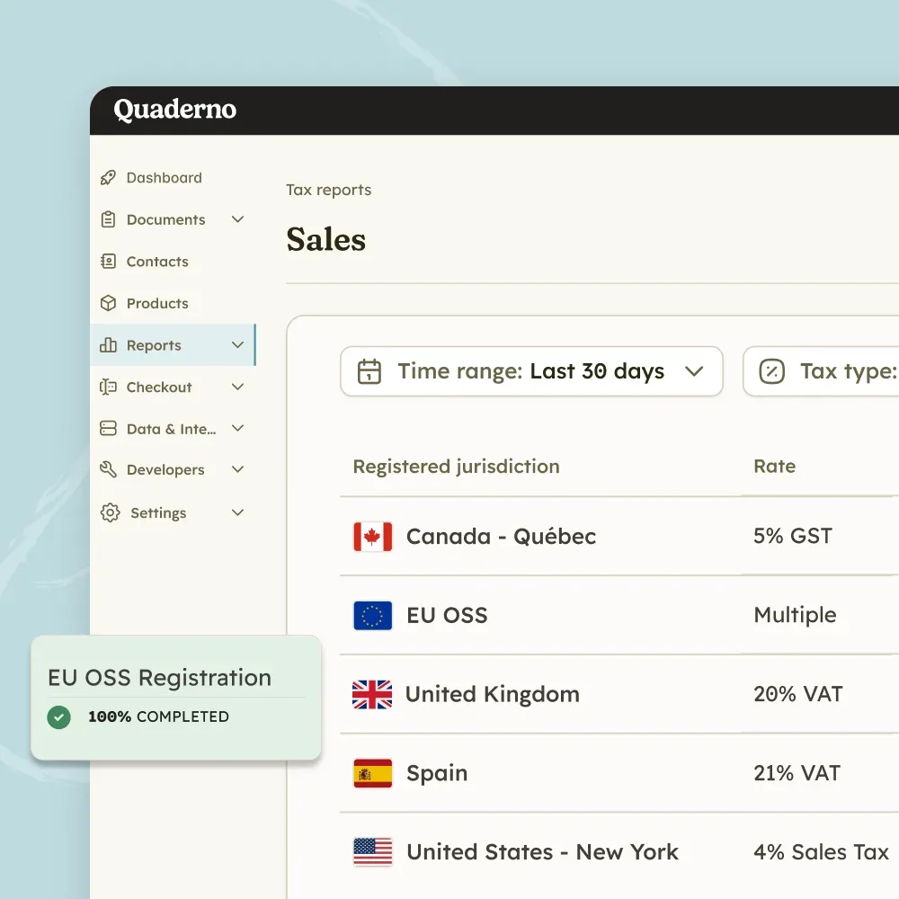 Quaderno interface with a success notification for EU OSS Registration at 100% completed.