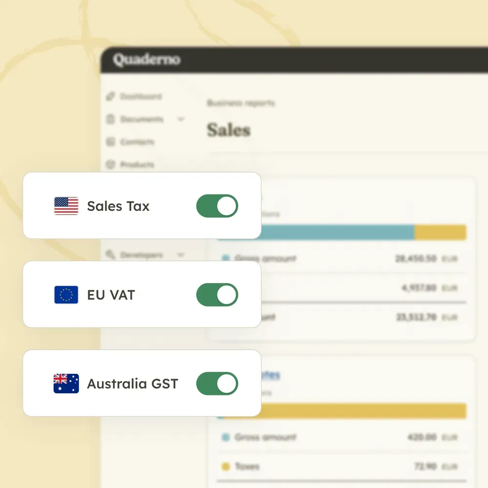 Quaderno interface with toggle switches to enable automated Sales Tax, EU VAT, and Australia GST collection.