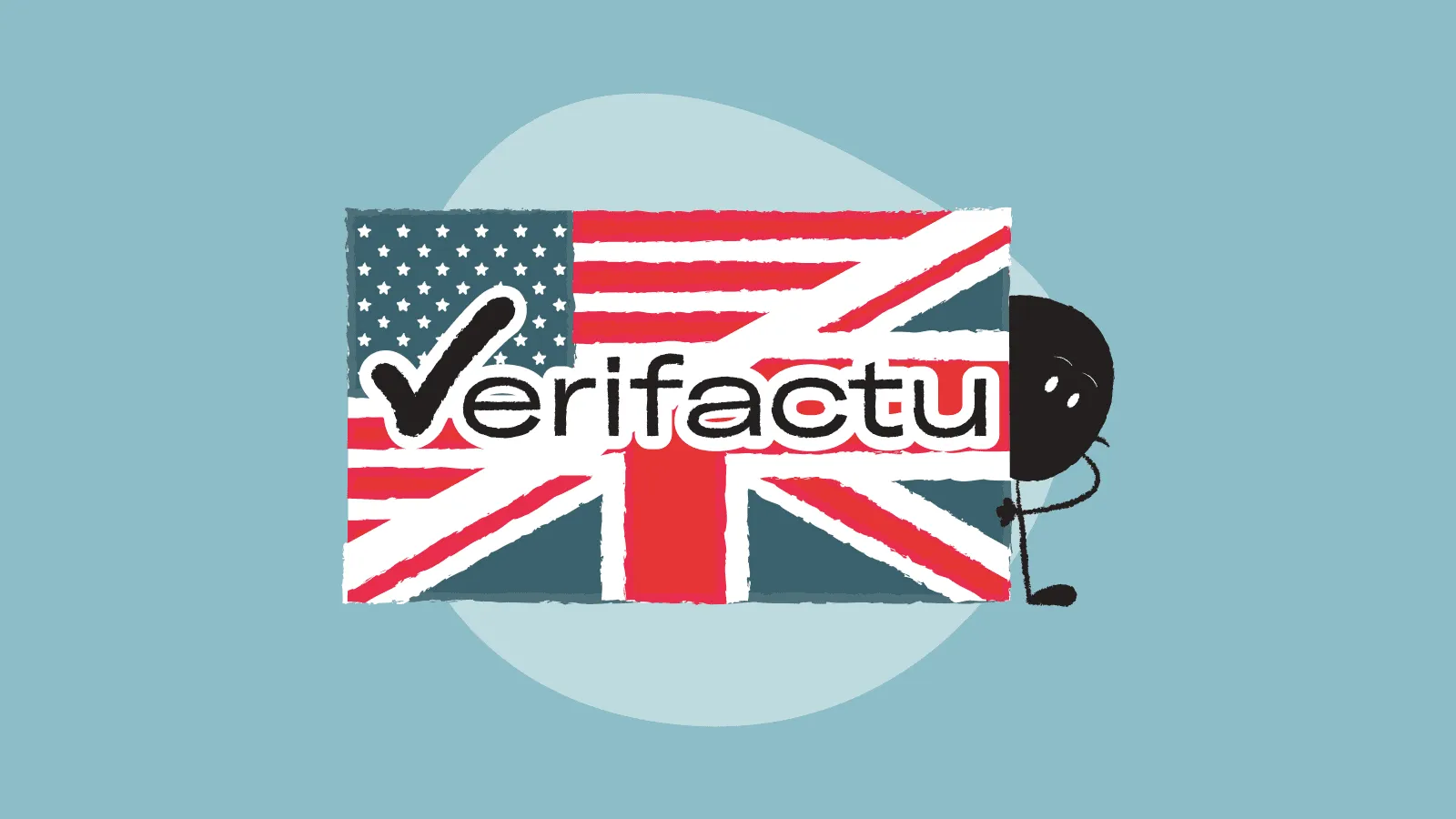 Qoodle peeking out from behind a flag that is half US and half UK, with the word Verifactu in the middle.
