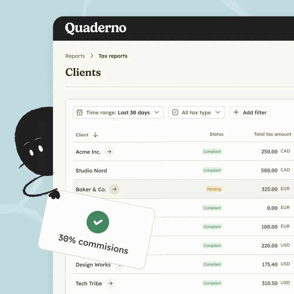 Quaderno tax reports interface displaying sales tax rates for accountants.