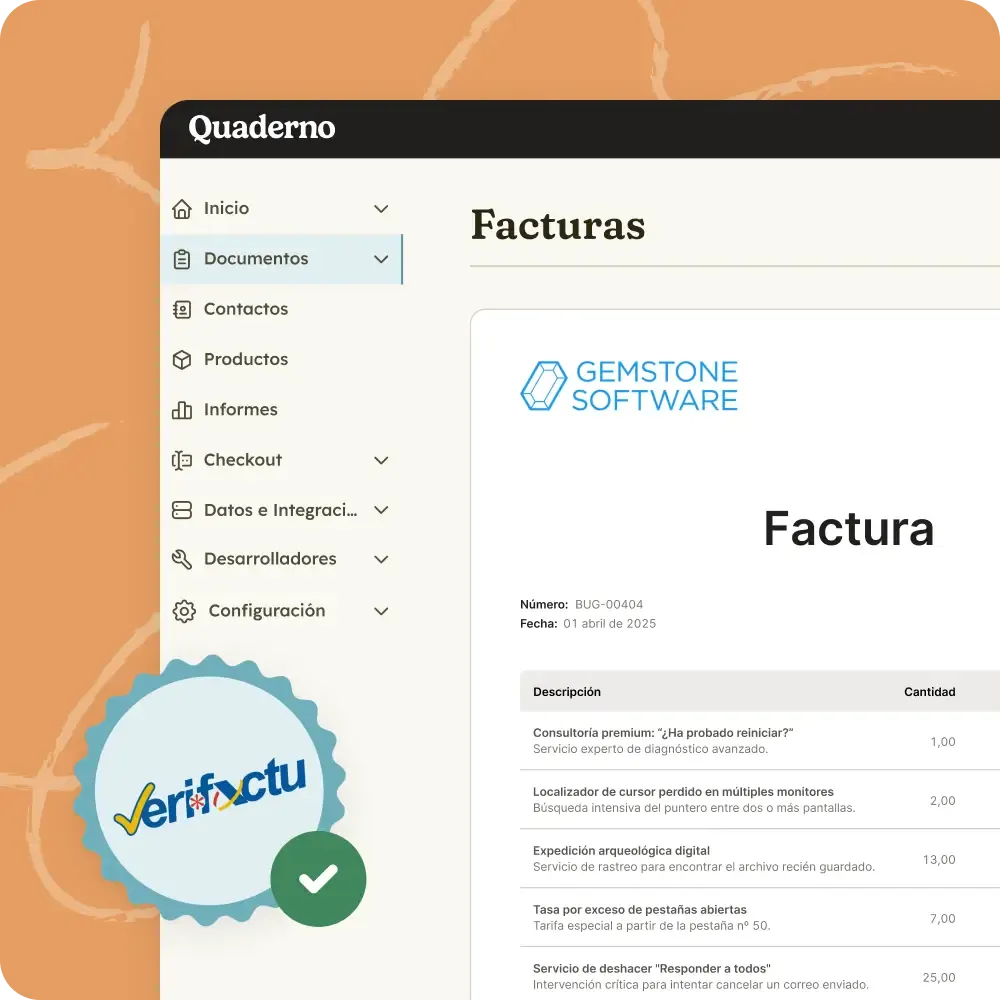 Quaderno invoice marked with the Verifactu badge after being reported to the Spanish tax authority in real time