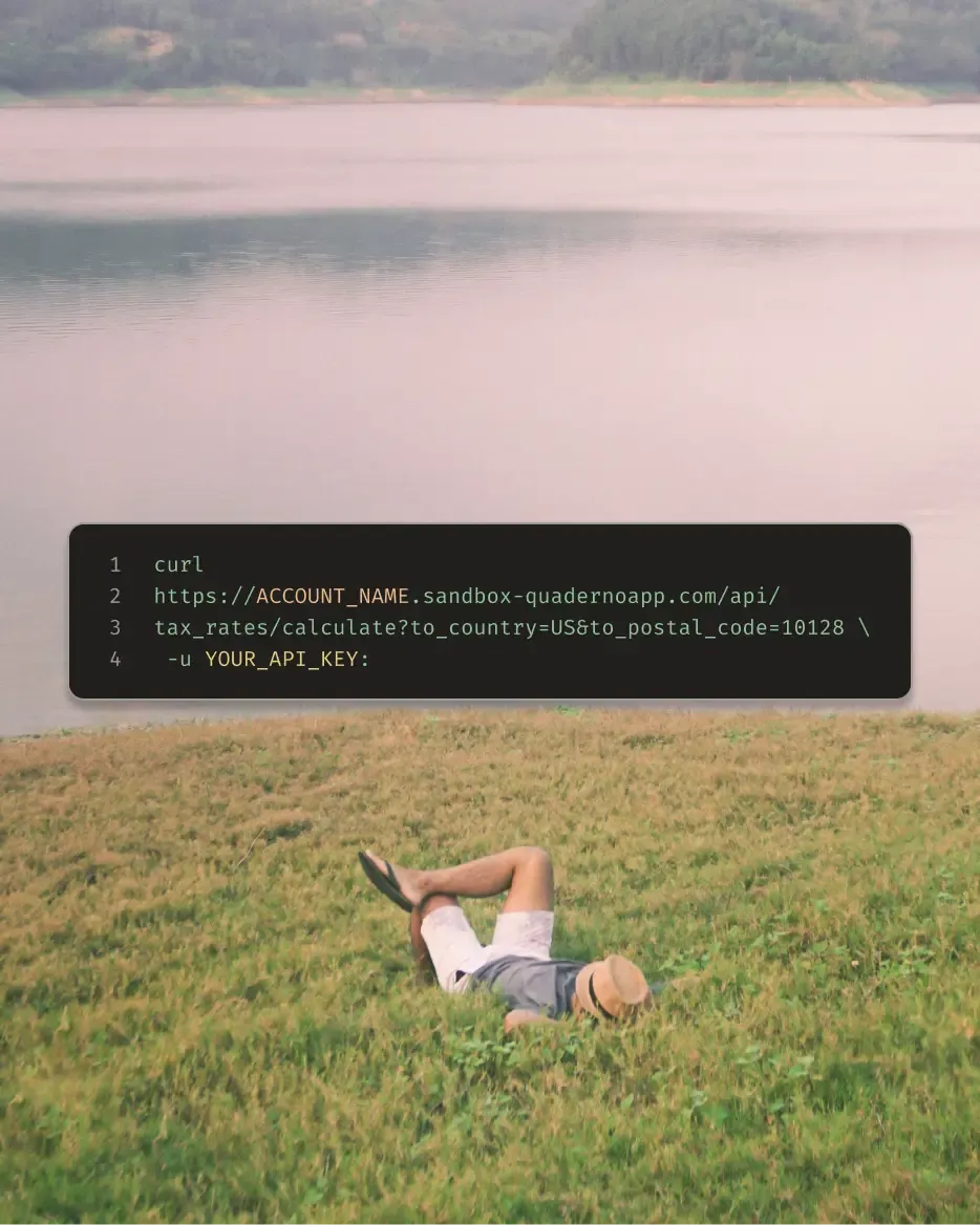 Quaderno API request calculating the tax rate for a US postal code with a single curl command
