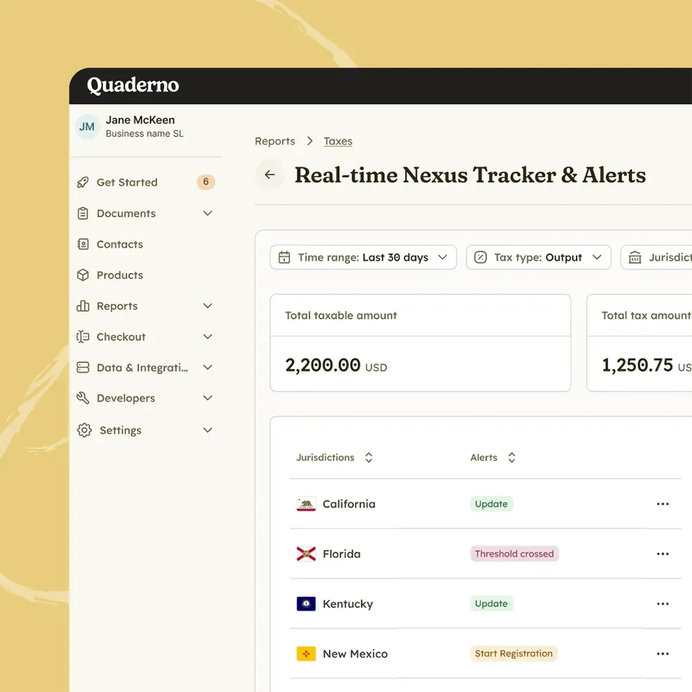 Quaderno real-time nexus tracker flagging Florida as threshold crossed and New Mexico as ready to start registration