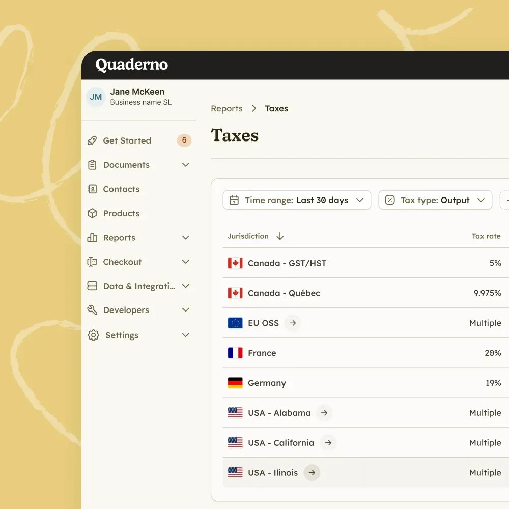 Quaderno tax reports dashboard showing VAT and sales tax rates for multiple countries