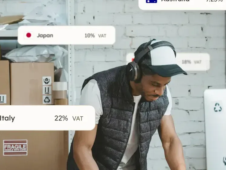 Online seller packing orders with VAT rates for Italy, Japan, and Australia floating around