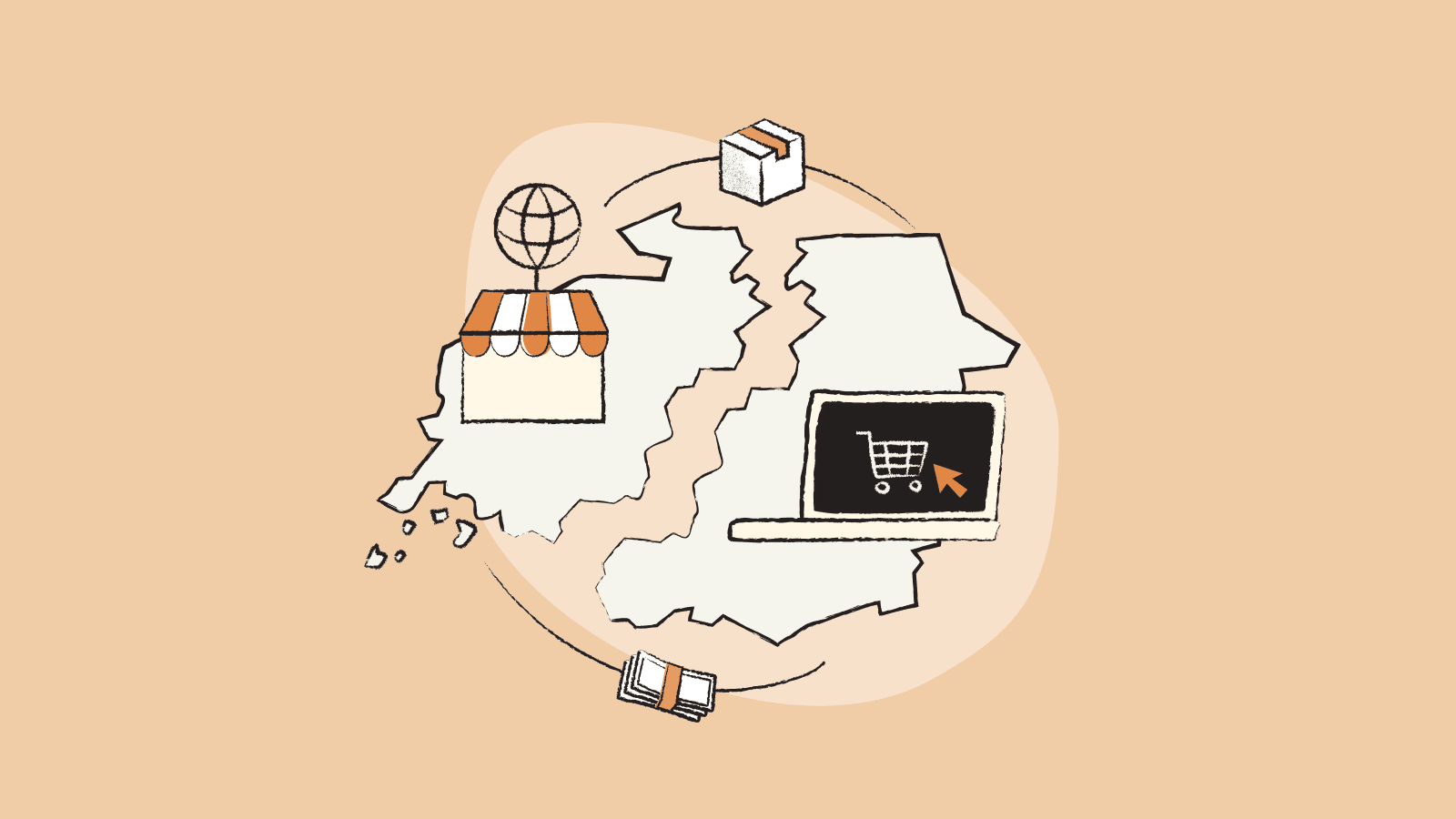 Border between two countries with cross-border e-commerce shipping, payment and tax icons