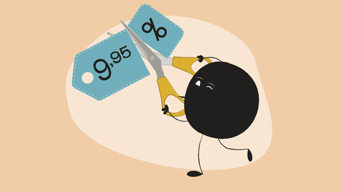 Illustration of Qoodle cutting a price tag