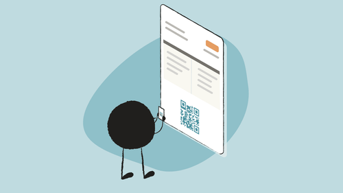 Illustration of Qoodle scanning a QR code in a ticketBAI invoice