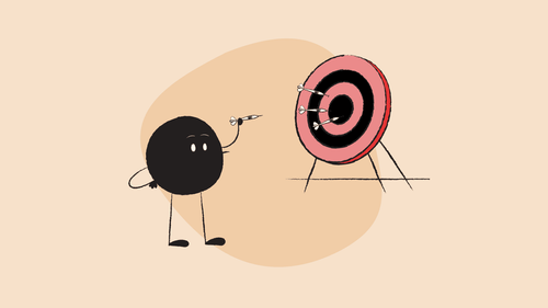 Qoodle throwing darts at a dartboard