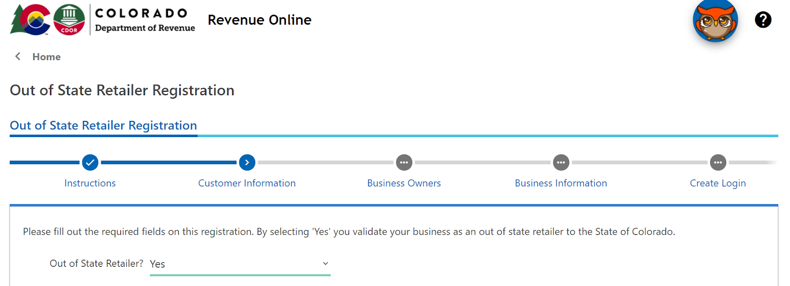 Colorado Revenue Online — confirmation screen for out-of-state retailers
