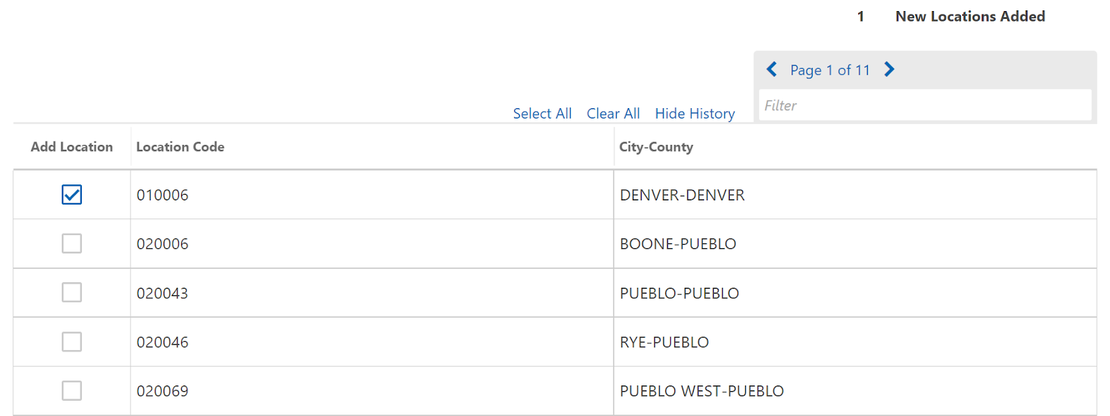 Colorado Revenue Online — location selection screen for cities and counties