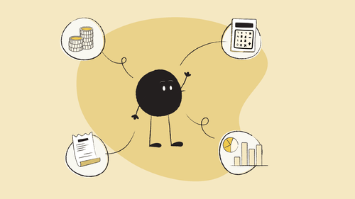Illustration of Qoodle showcasing money, invoice, charts, and calculator