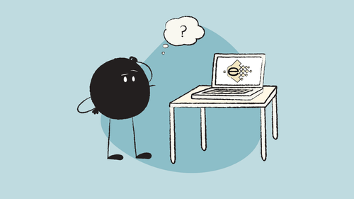 Illustration of Qoodle confused while looking at FacturaE on a laptop