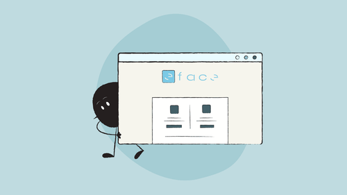 Illustration of Qoodle behind a browser window with FACe's dashboard